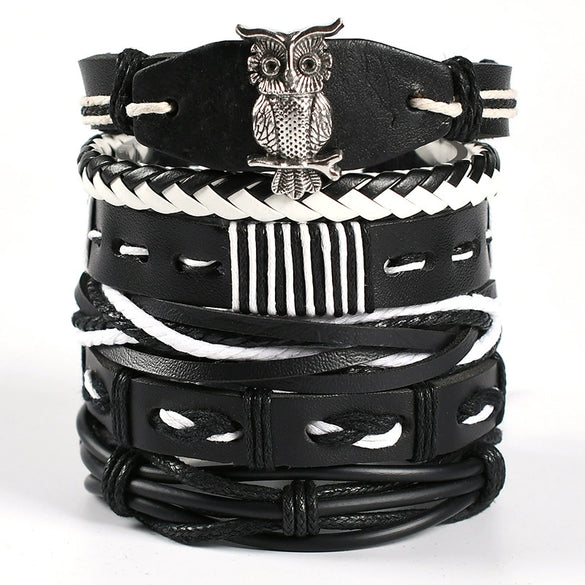Wholesale Men's Punk Style Handwoven Leather Bracelet With Owl Wings Pattern