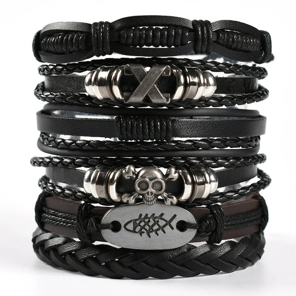 Wholesale Men's Punk Style Handwoven Leather Bracelet With Owl Wings Pattern
