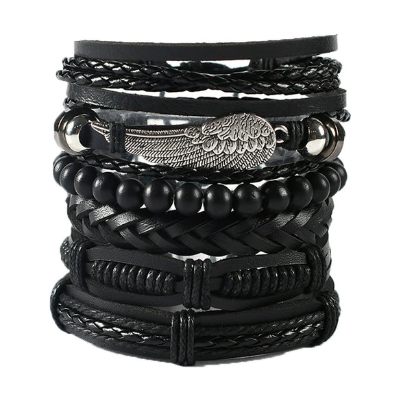 Wholesale Men's Punk Style Handwoven Leather Bracelet With Owl Wings Pattern