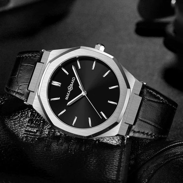 Wholesale Men's Quartz Watches With Octagonal And Round Dials Mineral Strengthened Glass Mirror Stainless Steel Clasp Metal Case Genuine Leather Strap Waterproof And Printed Logo