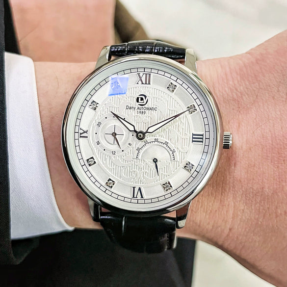 Wholesale Men's Relief Dot Diamond Fully Automatic Mechanical Watch With Round Dial Mineral Reinforced Glass Mirror Stainless Steel Buckle And Genuine Leather Strap