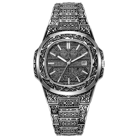 Wholesale Men's Retro Engraved Quartz Watch Alloy Case Stainless Steel Clasp Steel Strip Strap Round Dial