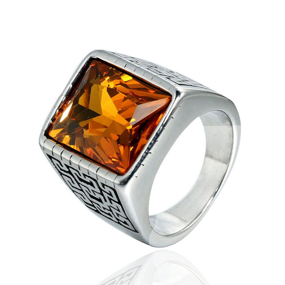 Wholesale Men's Retro Gem Ring In Titanium And Stainless Steel With Great Wall And Geometric Pattern And Oil Treatment