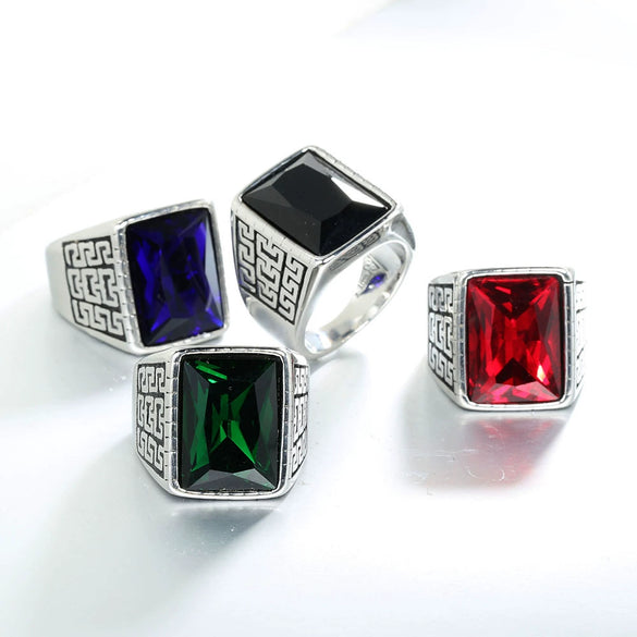Wholesale Men's Retro Gem Ring In Titanium And Stainless Steel With Great Wall And Geometric Pattern And Oil Treatment