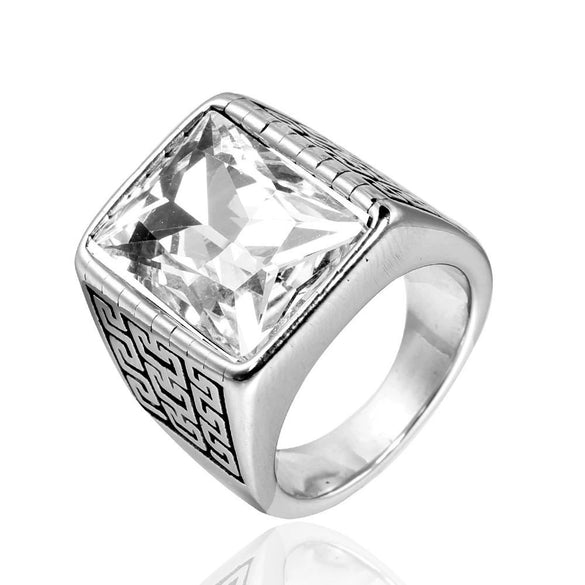 Wholesale Men's Retro Gem Ring In Titanium And Stainless Steel With Great Wall And Geometric Pattern And Oil Treatment