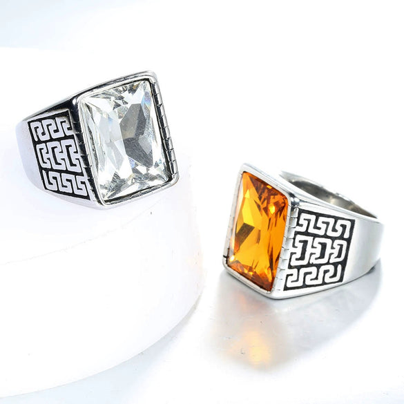 Wholesale Men's Retro Gem Ring In Titanium And Stainless Steel With Great Wall And Geometric Pattern And Oil Treatment
