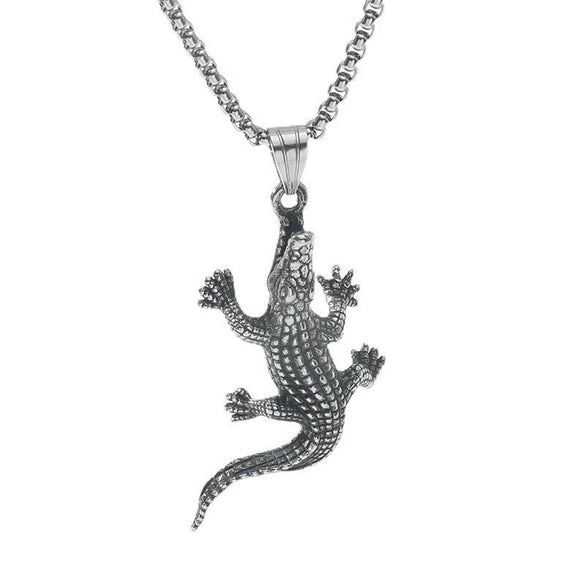 Wholesale Men's Retro Punk Crocodile Pendant Necklace Alloy Titanium Steel Electroplated Animal Pattern Square Pearl Chain