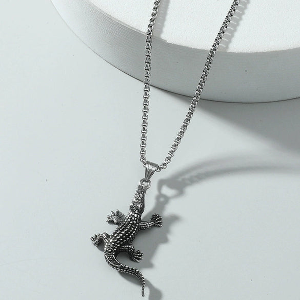 Wholesale Men's Retro Punk Crocodile Pendant Necklace Alloy Titanium Steel Electroplated Animal Pattern Square Pearl Chain