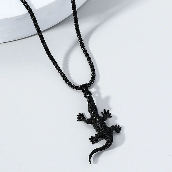 Wholesale Men's Retro Punk Crocodile Pendant Necklace Alloy Titanium Steel Electroplated Animal Pattern Square Pearl Chain