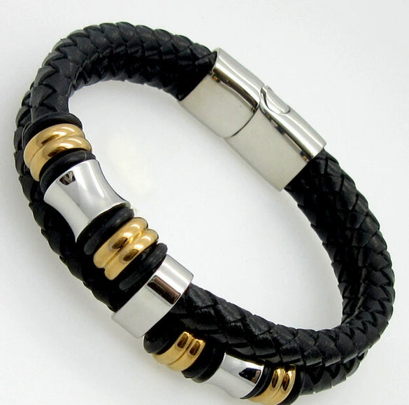 Wholesale Men's Simple Geometric Artificial Leather And Titanium Steel Braided Electroplated Bracelet Jewelry