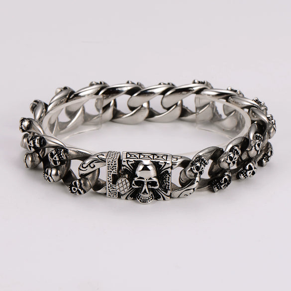 Wholesale Men's Simple Geometric Stainless Steel Electroplated Double Row Skull Bracelet