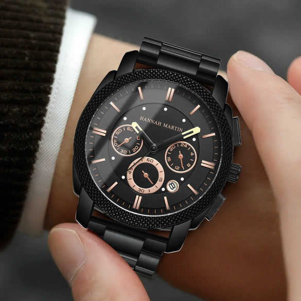 Wholesale Men's Sports Stainless Steel Band Round Dial Quartz Watch With Threeeye Sixpin Multifunction Waterproof Calendar