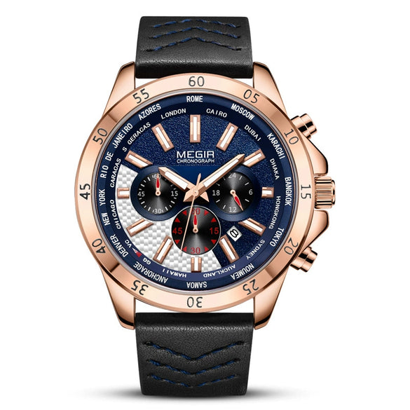 Wholesale Men's Sports Watch Alloy Case Genuine Leather Strap Round Dial Multi Function