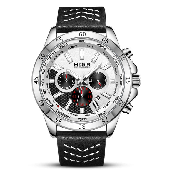 Wholesale Men's Sports Watch Alloy Case Genuine Leather Strap Round Dial Multi Function