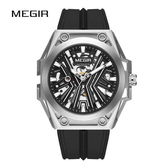 Wholesale Men's Sports Watch Mechanical Movement Stainless Steel Case Silicone Strap Waterproof Hollow Luminous