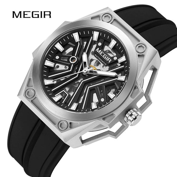 Wholesale Men's Sports Watch Mechanical Movement Stainless Steel Case Silicone Strap Waterproof Hollow Luminous