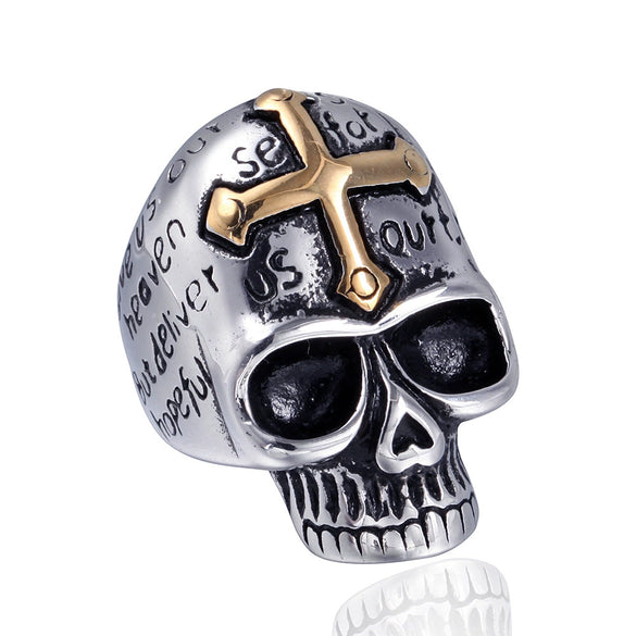 Wholesale Men's Stainless Steel Cross Ghost Head Skull Ring With Polishing Process