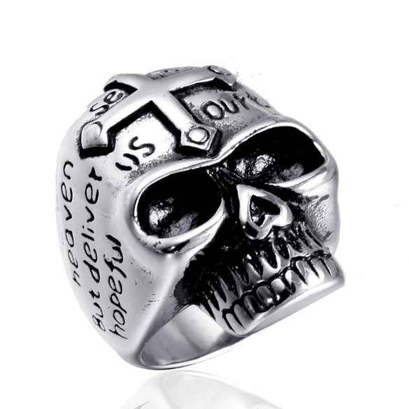 Wholesale Men's Stainless Steel Cross Ghost Head Skull Ring With Polishing Process