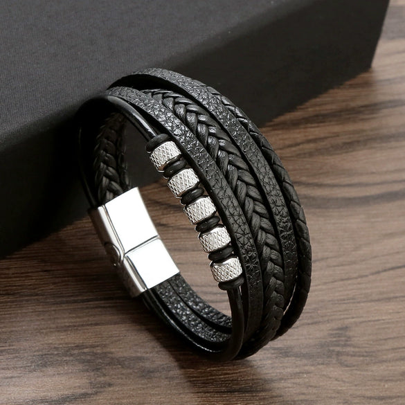 Wholesale Men's Stainless Steel Leather Punk Handmade Geometric Multi Layer Woven Bracelet Jewelry