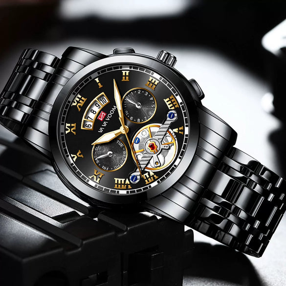 Wholesale Men's Stainless Steel Tourbillon Nonautomatic Mechanical Multifunction Leisure Round Dial Waterproof Watch