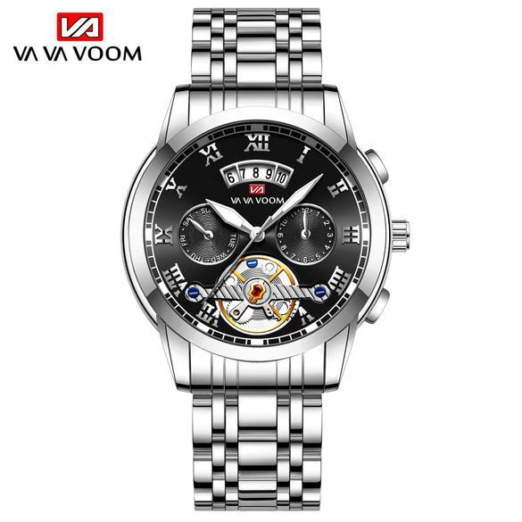 Wholesale Men's Stainless Steel Tourbillon Nonautomatic Mechanical Multifunction Leisure Round Dial Waterproof Watch