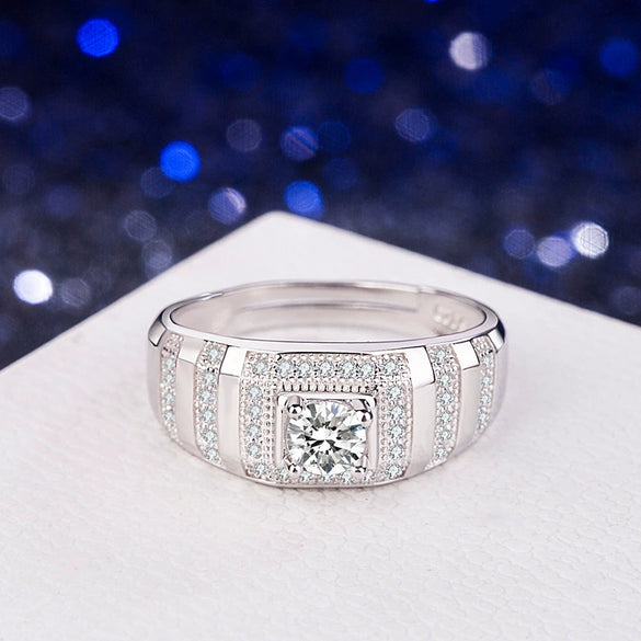 Wholesale Men's 925 Sterling Silver Geometric Ring With Loose Simulation Diamond And Platinum Electroplated