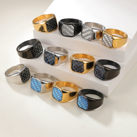 Wholesale Men's Titanium Steel Ring With Geometric Pattern And Carbon Fiber Inlay And Electroplating Processing