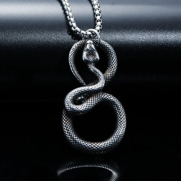 Wholesale Men's Zodiac Snake Pendant Necklace With Geometric Pattern Titanium Steel And Pearl Chain Dripping Oil Treatment