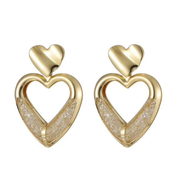 Wholesale Mesh Bag Rhinestone Hollow Heart Shaped Metal Gold Plated Earrings For Women