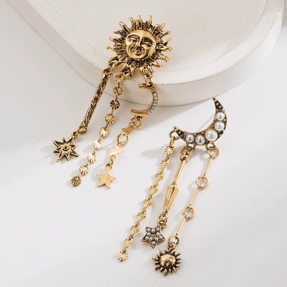 Wholesale Metal Alloy Retro Geometric Long Stud Earrings With Sunflower Moon Design Electroplated For Women