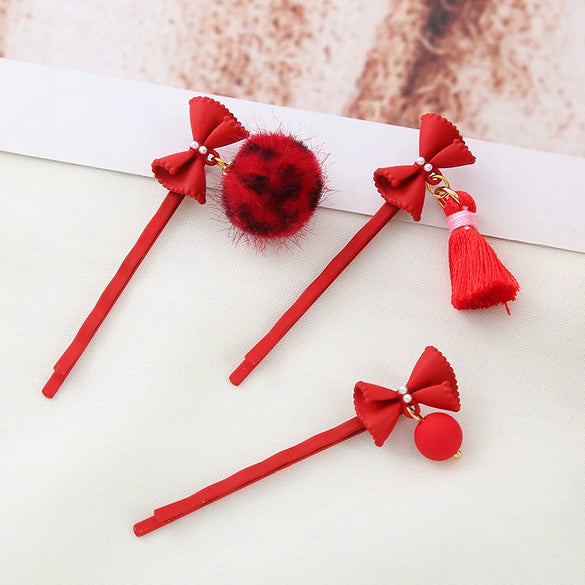 Wholesale Metal Baking Varnish Red Bow Tassel Hairpin For Girls Hair Accessories