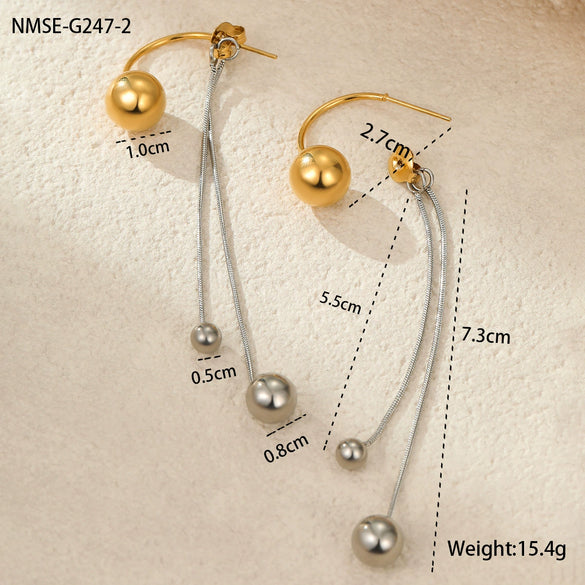 Wholesale Metal Ball Tassel Earrings Stainless Steel 18K Gold Electroplated Geometric Style Women's Ear Jewelry