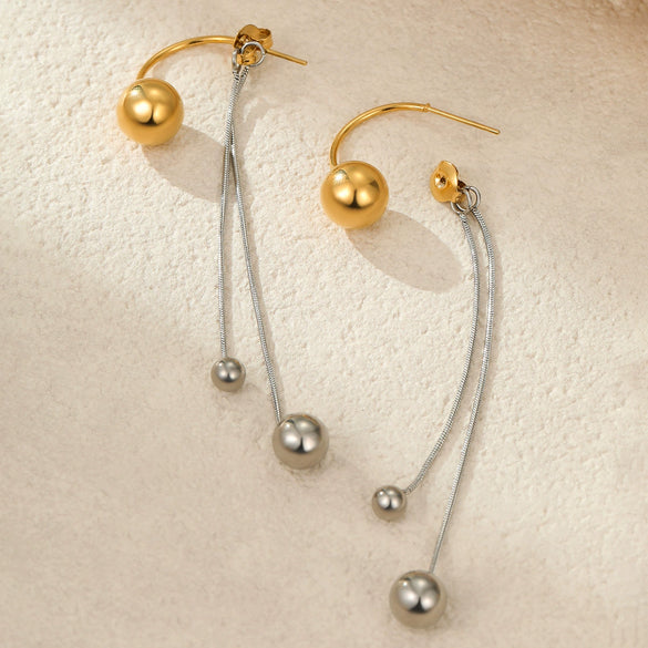 Wholesale Metal Ball Tassel Earrings Stainless Steel 18K Gold Electroplated Geometric Style Women's Ear Jewelry