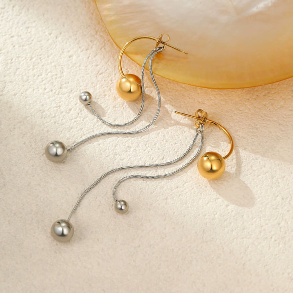 Wholesale Metal Ball Tassel Earrings Stainless Steel 18K Gold Electroplated Geometric Style Women's Ear Jewelry