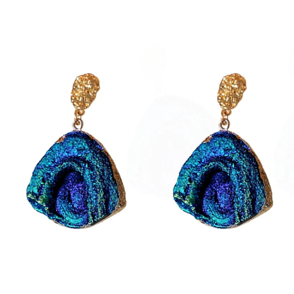 Wholesale Metal Blue Irregular Earrings With Silver Needle Pleated And Geometric Design Electroplated For Women