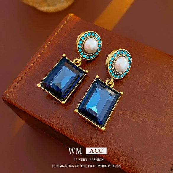 Wholesale Metal Blue Irregular Earrings With Silver Needle Pleated And Geometric Design Electroplated For Women
