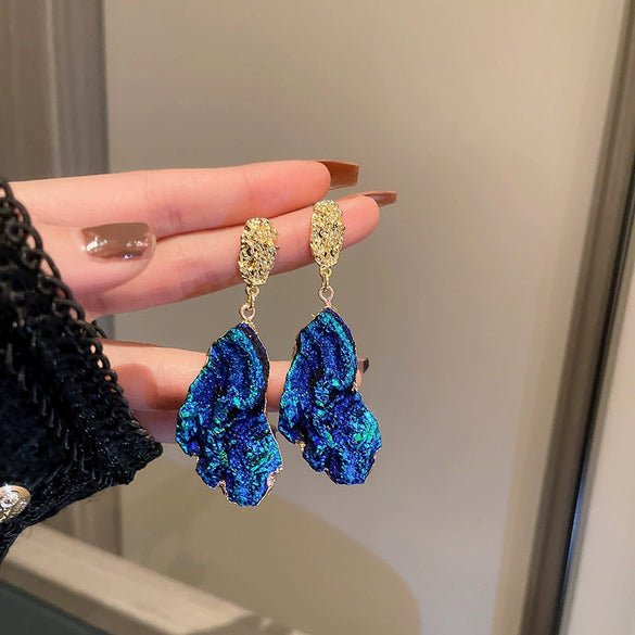Wholesale Metal Blue Irregular Earrings With Silver Needle Pleated And Geometric Design Electroplated For Women