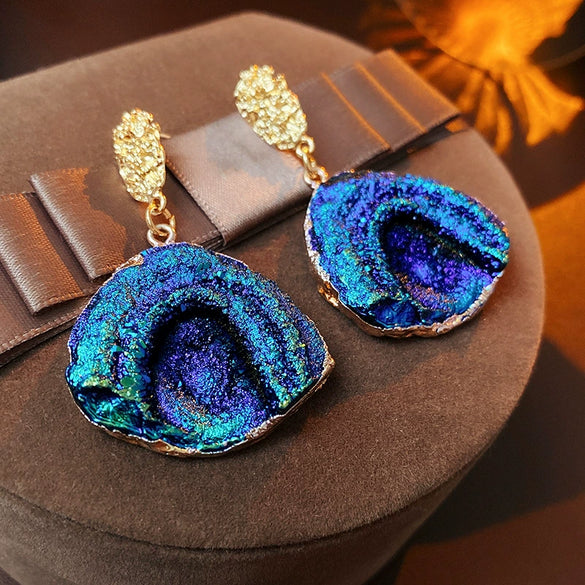 Wholesale Metal Blue Irregular Earrings With Silver Needle Pleated And Geometric Design Electroplated For Women