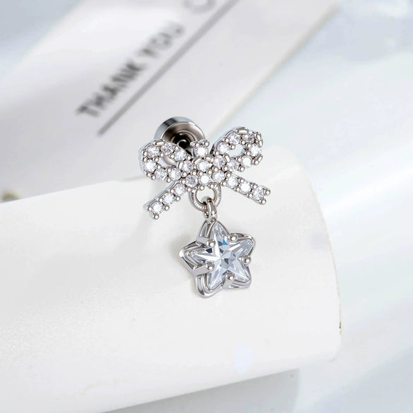 Wholesale Metal Bow Star Pendant With Micropaved Zircon Electroplated For Women's Cartilage Piercing