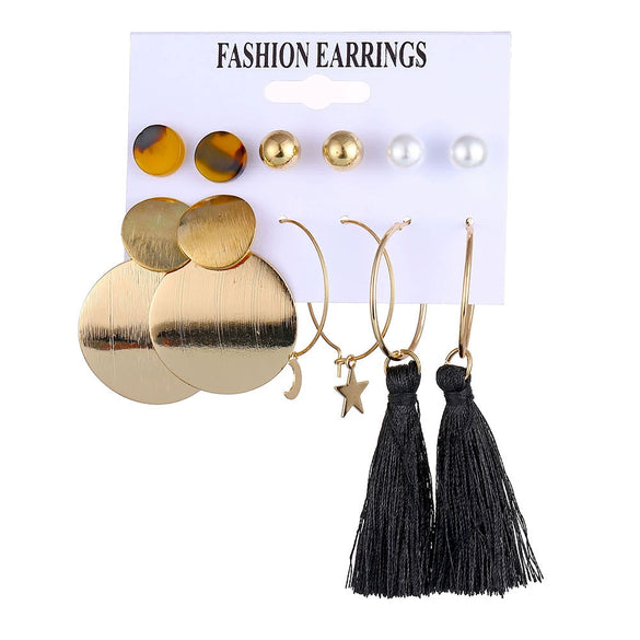 Wholesale Metal Circle Chain Retro Card Earrings Set With Pearl Butterfly Oil Drop Crystal And Alloy Acrylic Material Geometric And Personality Style