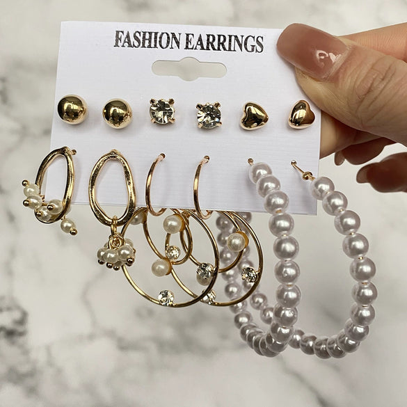 Wholesale Metal Circle Chain Retro Card Earrings Set With Pearl Butterfly Oil Drop Crystal And Alloy Acrylic Material Geometric And Personality Style