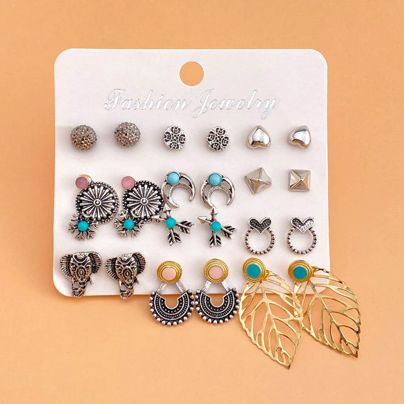 Wholesale Metal Circle Chain Retro Card Earrings Set With Pearl Butterfly Oil Drop Crystal And Alloy Acrylic Material Geometric And Personality Style
