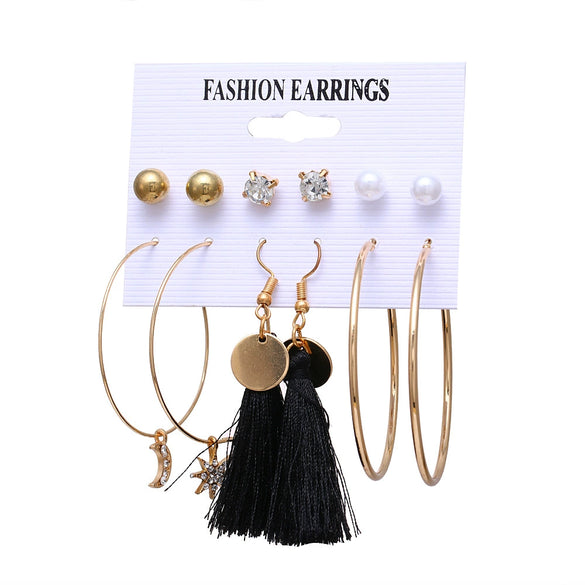 Wholesale Metal Circle Chain Retro Card Earrings Set With Pearl Butterfly Oil Drop Crystal And Alloy Acrylic Material Geometric And Personality Style