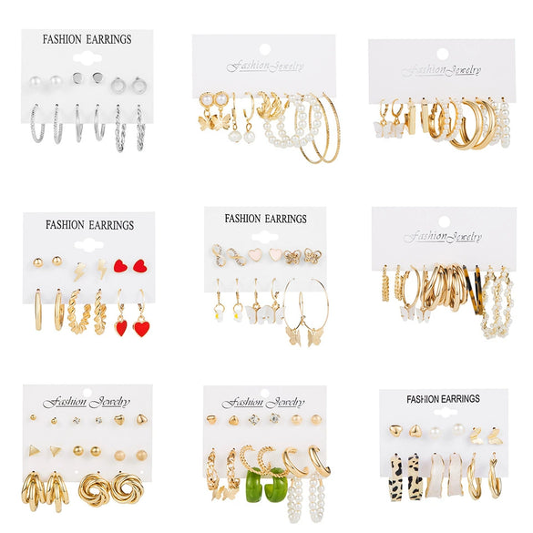 Wholesale Metal Circle Chain Retro Card Earrings Set With Pearl Butterfly Oil Drop Crystal And Alloy Acrylic Material Geometric And Personality Style