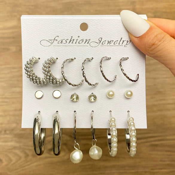 Wholesale Metal Circle Chain Retro Card Earrings Set With Pearl Butterfly Oil Drop Crystal And Alloy Acrylic Material Geometric And Personality Style