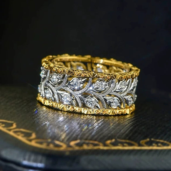 Wholesale Metal Copper Ring With Wheat Ear Leaf Pattern Inlaid With Zircon Elegant Style For Women