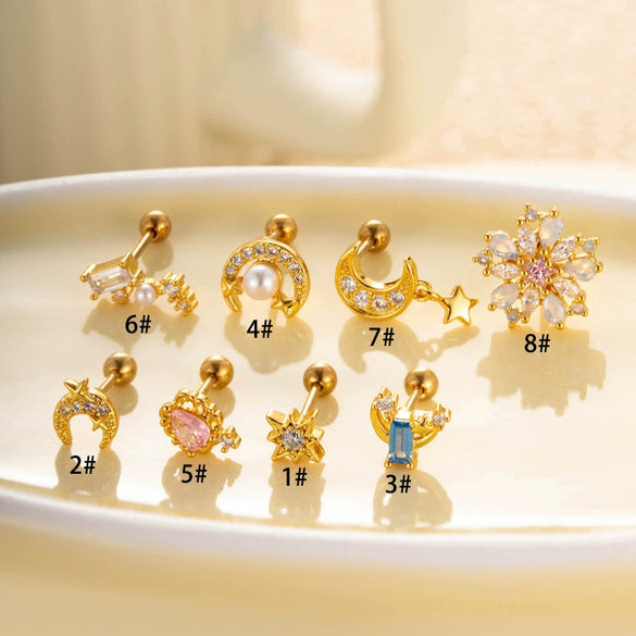 Wholesale Metal Electroplated Flower Star Moon Style Ear Bone Nail Cartilage Puncture Earrings For Women