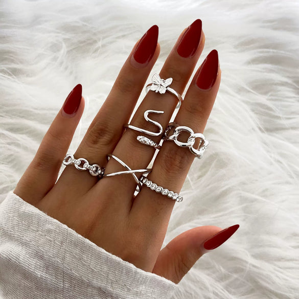 Wholesale Metal Elements Retro Diamond Hollow Butterfly Cross Snake Ring 6 Piece Set Alloy Electroplated For Women