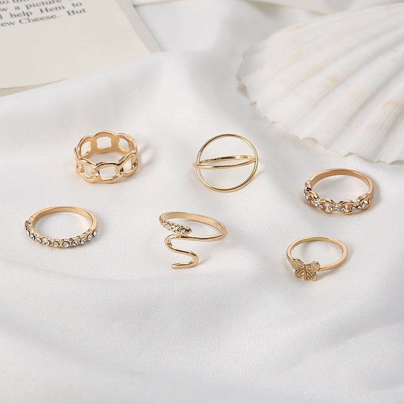 Wholesale Metal Elements Retro Diamond Hollow Butterfly Cross Snake Ring 6 Piece Set Alloy Electroplated For Women