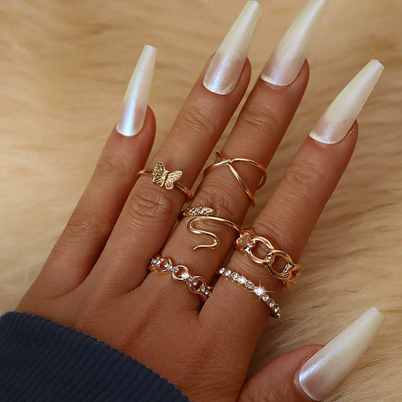 Wholesale Metal Elements Retro Diamond Hollow Butterfly Cross Snake Ring 6 Piece Set Alloy Electroplated For Women